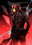  1boy absurdres back belt bodysuit dodo_(bird) facing_to_the_side glowing glowing_eyes highres holding holding_sword holding_weapon kamen_rider kamen_rider_01_(series) kamen_rider_ikazuchi lightning male_focus power_armor red_bodysuit rider_belt signature sword taka-f thighs tokusatsu weapon yellow_eyes 