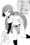  1girl baseball_mitt baseball_uniform character_signature greyscale happy_birthday highres idolmaster idolmaster_million_live! idolmaster_million_live!_theater_days kneehighs minazuki_tooru monochrome nagayoshi_subaru shorts socks sportswear 