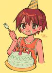  1boy birthday_cake blush_stickers brown_eyes brown_hair cake candle character_name collarbone cropped_torso food fork fruit hat highres holding holding_fork kel_(omori) licking_lips looking_ahead male_focus menma_(enaic31) omori orange_shirt party_hat shirt short_hair shoulder_blush simple_background solo strawberry striped striped_headwear tongue tongue_out translation_request yellow_background yellow_headwear 