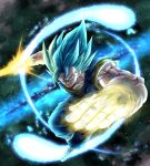  1boy absurdres black_background blue_background blue_eyes blue_hair blue_pants blue_shirt boots charging_forward commentary_request dougi dragon_ball dragon_ball_super dragon_ball_z_dokkan_battle earrings energy_ball energy_sword gloves green_background highres incoming_attack jewelry male_focus mocky_art multicolored_background muscular muscular_male orange_shirt pants potara_earrings shirt smile solo spiked_hair super_saiyan super_saiyan_blue sword v-shaped_eyebrows vegetto weapon white_footwear white_gloves 