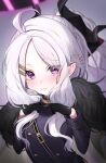  1girl ahoge black_coat black_gloves black_horns blue_archive blush buttons closed_mouth coat demon_horns double-breasted fur-trimmed_coat fur_trim gloves halo hina_(blue_archive) horns long_hair looking_at_viewer military_uniform oomabiblogo2 purple_eyes solo uniform upper_body white_hair 