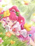  1girl artist_name clear_glass_(mildmild1311) commentary_request cure_grace dress earrings eyelashes flower forest gloves hair_flower hair_ornament hanadera_nodoka happy healin&#039;_good_precure highres jewelry long_hair looking_at_viewer lying magical_girl nature on_stomach petals pink_dress pink_eyes pink_flower pink_hair ponytail precure puffy_short_sleeves puffy_sleeves short_sleeves signature smile solo tree twitter_username wand white_gloves yellow_flower 