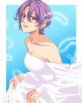  1girl bare_shoulders dress eiyuu_densetsu falling_feathers feathers highres holding holding_clothes holding_dress kloe_rinz looking_at_viewer purple_eyes purple_hair sen_no_kiseki short_hair smile sora_no_kiseki white_dress yuzukiyo 