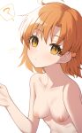  1girl ? binsen blush breasts character_request closed_mouth collarbone hair_ornament hairclip hand_up highres idolmaster idolmaster_million_live! looking_at_viewer navel nipples nude orange_eyes orange_hair signature simple_background small_breasts solo spoken_question_mark upper_body white_background 