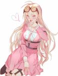  1girl antenna_hair barbed_wire blonde_hair blue_eyes blush bow bowtie breasts choker danganronpa_(series) danganronpa_v3:_killing_harmony goggles goggles_on_head grey_background hair_between_eyes hand_up heart highres iruma_miu kkochmeli large_breasts long_hair long_sleeves o-ring open_mouth school_uniform shirt simple_background sitting skirt smile tears tongue tongue_out white_bow white_bowtie 
