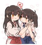  2girls akagi_(kancolle) blue_hakama brown_hair hakama heart ina_(1813576) japanese_clothes kaga_(kancolle) kantai_collection looking_at_another multiple_girls red_hakama side_ponytail simple_background spoken_heart yellow_eyes yuri 