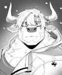  absurd_res anthro bigfoot_(tas) black_and_white bovid bovine bust_portrait cattle clothing eyewear glasses hi_res hoodie horn huto_futon lifewonders male mammal monochrome neck_tuft pecs portrait shirt snow solo tokyo_afterschool_summoners topwear tuft 