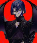  1boy absurdres black_gloves black_jacket blood blood_on_face blood_on_hands blood_splatter blue_blood blue_eyes blue_hair blunt_ends bob_cut collar_chain_(jewelry) collared_jacket cross curtained_hair demon_wings earrings gloves hair_between_eyes half_gloves hand_on_own_face head_tilt highres hijirikawa_masato holding jacket jewelry licking_lips looking_at_viewer male_focus mole mole_under_eye official_alternate_costume purple_shirt red_background shirt short_hair simple_background single_earring solo tongue tongue_out upper_body uta_no_prince-sama uta_no_prince-sama:_shining_live wings yamika 