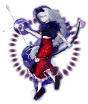  1girl arrow_(projectile) black_footwear blue_dress blue_headwear bow_(weapon) braid braided_ponytail closed_eyes commentary_request constellation_print dress full_body grey_hair highres holding holding_bow_(weapon) holding_weapon korean_commentary long_hair momobamb red_dress simple_background socks solo touhou trigram two-tone_dress very_long_hair weapon white_background white_socks yagokoro_eirin 