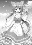  1girl :d animal_ears apron blush breasts cloud commentary_request copyright_request day dress field flower flower_field frilled_apron frilled_dress frills greyscale hair_between_eyes hand_puppet highres long_hair long_sleeves looking_at_viewer medium_breasts monochrome nakamura_hinato outdoors petals puffy_long_sleeves puffy_sleeves puppet sidelocks sky sleeveless sleeveless_dress smile solo standing very_long_hair waist_apron wolf_ears 