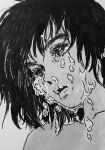  1girl commentary crying crying_with_eyes_open greyscale highres kgeroua monochrome original parted_lips short_hair sketch solo tears upper_body 
