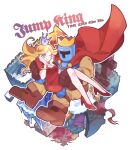  1boy 1girl armor babe_(jump_king) blonde_hair blue_eyes boots bracelet brown_footwear brown_gloves cape carrying copyright_name crown dress full_armor gloves high_heels humibun74 jewelry jump_king jump_king_(character) long_hair one_eye_closed outline princess_carry red_cape red_dress red_footwear short_sleeves white_outline 