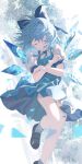  1girl absurdres black_footwear blue_bow blue_dress blue_hair bow cirno closed_eyes closed_mouth detached_wings dress fairy hair_bow highres ice ice_wings pinafore_dress shirt shoes short_hair short_sleeves sleeveless sleeveless_dress socks solo touhou uroam white_shirt white_socks wings 