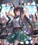  3girls aqua_bow armpits arms_up black_jacket black_shorts black_skirt blue_bow bow collared_shirt commentary_request confetti cowboy_shot cropped_shirt ear_bow ear_ornament ear_piercing gloves hair_between_eyes hair_ornament hairclip highres jacket long_hair looking_at_viewer mejiro_dober_(umamusume) mejiro_mcqueen_(umamusume) mejiro_ryan_(umamusume) midriff multicolored_hair multiple_girls open_mouth piercing pleated_skirt purple_eyes purple_hair shirt shorts skirt sleeveless sleeveless_shirt smile streaked_hair the_olphy thigh_strap umamusume umapyoi_densetsu white_gloves white_hair 
