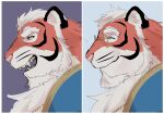  1boy bara beard character_request crave_saga evil_smile facial_hair from_side furry furry_male highres huge_eyebrows male_focus mature_male multiple_views profile red_eyes round_eyewear short_hair smile thick_eyebrows tiger_boy unusually_open_eyes usuki_(usukine1go) 