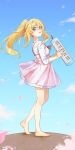  1girl barefoot blonde_hair blue_sky cloud commentary day dress english_commentary from_side grey_eyes hair_between_eyes highres holding holding_instrument instrument instrument_request long_hair long_sleeves looking_at_viewer looking_to_the_side miyazono_kawori original outdoors parted_lips petals pink_dress ponytail shigatsu_wa_kimi_no_uso shirt sidelocks sky sleeveless sleeveless_dress solo tinedesu very_long_hair walking white_shirt 