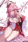  1girl animal_ears armpit_peek blush breasts cherry_blossoms cup detached_sleeves earrings floppy_ears fox fox_ears genshin_impact highres holding holding_cup i_ruru japanese_clothes jewelry long_hair looking_at_viewer medium_breasts nontraditional_miko pink_fur pink_hair purple_eyes sideboob thighs tomoe_(symbol) turtleneck very_long_hair wet wet_clothes white_background wide_sleeves yae_miko 