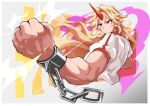  1girl blonde_hair chain clenched_hand fugaku_(miko_no_miyatsuguchi) gym_shirt highres horns hoshiguma_yuugi long_hair muscular muscular_female red_eyes red_horns shirt short_sleeves single_horn smile solo touhou white_background white_shirt 