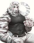  1boy animal_ears arknights artist_request bara black_tank_top blush covered_abs facial_hair feet_out_of_frame flustered furry furry_male goatee hand_up highres large_hands large_pectorals looking_at_viewer male_focus mountain_(arknights) muscular muscular_male nipples paw_pose pectorals scar scar_across_eye scar_on_arm short_hair solo tank_top thick_eyebrows tiger_boy tiger_ears trembling white_hair 