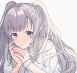 1girl artist_request bandaid bandaid_on_face bandaid_on_forehead commentary_request frilled_shirt frills grey_background grey_hair highres idolmaster idolmaster_shiny_colors long_hair looking_at_viewer portrait purple_eyes shirt smile solo sunlight twintails upper_body white_shirt yukoku_kiriko 