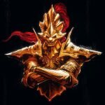  1boy armor artist_name black_background breastplate dark_souls_(series) dark_souls_i dragon_slayer_ornstein full_armor gauntlets gold_armor helm helmet long_hair male_focus menaslg red_hair shoulder_plates solo teeth 