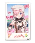  1girl azu_(kirara310) black_ribbon blush character_name closed_mouth commentary_request dress fate/grand_order fate_(series) flower grey_dress grey_headwear hair_over_one_eye hat heart heart_hands heart_stickers highres long_sleeves looking_at_viewer mash_kyrielight mash_kyrielight_(lostroom_outfit) neck_ribbon official_alternate_costume one_eye_covered photo_(object) pink_flower pink_hair pocket purple_eyes ribbon short_hair signature smile solo sticker 