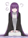  1girl :t =3 angry black_robe closed_mouth cloud dress fern_(sousou_no_frieren) frown gown half_updo highres kneeling long_hair long_sleeves muina pout purple_eyes purple_hair robe simple_background sitting solo sousou_no_frieren white_background 