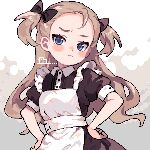  1girl ahiru_tokotoko apron blue_eyes brown_hair closed_mouth commentary_request hands_on_own_hips highres long_hair looking_at_viewer maid original pixel_art short_sleeves signature solo two_side_up upper_body white_apron 