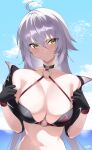  1girl absurdres ahoge bare_shoulders bikini black_bikini black_gloves black_jacket blue_sky blush breasts choker cleavage collarbone cropped_jacket fate/grand_order fate_(series) gloves grey_hair highres jacket jeanne_d&#039;arc_alter_(fate) jeanne_d&#039;arc_alter_(swimsuit_berserker)_(fate) kurozawa_yui large_breasts long_hair long_sleeves looking_to_the_side navel o-ring o-ring_bikini off_shoulder shrug_(clothing) sky solo swimsuit very_long_hair yellow_eyes 