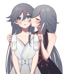  2girls :o alternate_costume black_dress blue_eyes blush breasts closed_eyes closed_mouth collarbone dress fu_hua fu_hua_(herrscher_of_sentience) grey_hair hair_between_eyes hand_on_another&#039;s_shoulder highres honkai_(series) honkai_impact_3rd kiss kissing_cheek long_hair multicolored_hair multiple_girls open_mouth simple_background sleeveless small_breasts smile streaked_hair upper_body white_background white_dress yunomi_(yunomi_hs) yuri 