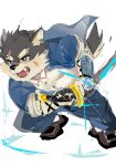  anthro armguards blue_eyes canid canine canis clothing domestic_dog drawing_sword eyebrows fur grey_body grey_fur hi_res katana lifewonders male mammal melee_weapon moritaka scar school_uniform solo sword thick_eyebrows tokyo_afterschool_summoners uniform weapon 