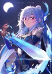  1girl absurdres armor bare_shoulders blue_armor blue_fire blue_sleeves crescent detached_sleeves fire glitch gloves gold_ring gold_trim grey_hair hair_between_eyes high_ponytail highres holding holding_sword holding_weapon honkai:_star_rail honkai_(series) ice jingliu_(honkai:_star_rail) long_hair looking_at_viewer multicolored_eyes multicolored_hair open_mouth partially_fingerless_gloves red_eyes red_ribbon ribbon solo star_(sky) sword teeth upper_teeth_only weapon white_hair zull 