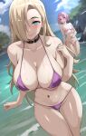  2girls belt belt_collar bikini black_belt blonde_hair blue_eyes blue_sky blurry blurry_background blush breasts closed_mouth cloud collar collarbone commentary_request hair_down hair_over_one_eye haruno_sakura highres lainart large_breasts long_hair medium_breasts multiple_girls naruto naruto_(series) naruto_shippuuden navel ocean outdoors paid_reward_available partially_submerged pink_bikini pink_hair purple_bikini shore short_hair sky smile string_bikini swimsuit tree wet yamanaka_ino 