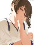  1girl brown_eyes brown_hair collarbone hand_on_own_face head_tilt highres japanese_clothes kaga_(kancolle) kaga_kai_ni_(kancolle) kantai_collection laco_soregashi long_hair looking_at_viewer open_mouth ribbon-trimmed_sleeves ribbon_trim short_sleeves side_ponytail simple_background solo twitter_username upper_body white_background 
