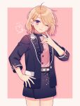  1girl black_jacket black_skirt blonde_hair border edward-el ensemble_stars! genderswap genderswap_(mtf) grey_border heart highres jacket long_sleeves looking_at_viewer narukami_arashi one_eye_closed pink_background pink_shirt purple_eyes shirt skirt solo 