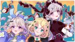  4girls :3 :p ahoge animal_ear_fluff animal_ears animal_hands aqua_eyes bandaged_head bandages bat_hair_ornament bell blonde_hair blood blood_stain blue_hair blush braid candy carrying carrying_person cat_ears cat_paws chibi china_dress chinese_clothes choker cleavage_cutout clothing_cutout cross-shaped_pupils dress earrings english_commentary enna_alouette ethyria facial_mark fang flower_earrings food food-themed_hair_ornament fox_ears ghost_hair_ornament grey_hair hair_ornament hairclip hairpin halloween_costume happy_anniversary hat highres holding holding_candy holding_food holding_lollipop jewelry jiangshi_costume jingle_bell lollipop long_hair looking_at_viewer millie_parfait mugimugigo multicolored_hair multiple_girls nijisanji nijisanji_en nina_kosaka nose_blush ofuda ofuda_on_clothes open_mouth pink_eyes pumpkin_hair_ornament purple_choker purple_eyes qing_guanmao red_eyes reimu_endou sandals screw short_hair skin_fang sleeves_past_fingers sleeves_past_wrists spirit star_(symbol) symbol-shaped_pupils tassel tongue tongue_out twitter_username 