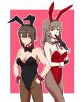  2girls animal_ears black_bow black_bowtie black_gloves black_leotard blush bow bowtie breasts brown_eyes brown_hair brown_pantyhose cleavage closed_mouth covered_navel fake_animal_ears girls_und_panzer gloves hands_on_own_hips large_breasts leotard long_hair multiple_girls nishizumi_maho pantyhose playboy_bunny rabbit_ears red_leotard shimada_chiyo short_hair simple_background torinone 
