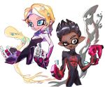  1boy 1girl black_hair blonde_hair blue_eyes bodysuit brown_eyes closed_mouth commentary_request crossover dark-skinned_male dark_skin ddyun_923 highres holding holding_weapon korean_commentary marvel miles_morales octoling open_mouth pointy_ears simple_background smile spider-gwen spider-man:_into_the_spider-verse spider-man_(miles_morales) spider-man_(series) splatoon_(series) weapon white_background 