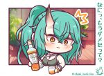  1girl ^^^ absurdres arknights bangle bare_shoulders benizika blush bottle bracelet breasts brown_eyes chibi cleavage closed_mouth cup drink drinking_glass green_hair hair_between_eyes highres holding holding_bottle holding_cup horns hoshiguma_(arknights) jewelry large_breasts looking_at_viewer plant ponytail potted_plant signature single_horn solo twitter_username upper_body wide-eyed wooden_floor 