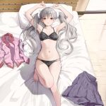  1girl absurdres armpits arms_up barefoot bed_sheet bedroom black_bra black_panties black_skirt blush bra breasts brown_eyes collared_shirt commentary commission feet foot_out_of_frame gibun_(sozoshu) grey_hair highres indoors long_hair looking_at_viewer lying monogatari_(series) naoetsu_high_school_uniform navel oikura_sodachi on_back on_bed owarimonogatari panties parted_lips pillow pink_shirt pixiv_commission pleated_skirt school_uniform shirt shirt_removed skirt skirt_removed small_breasts solo toes twintails underwear underwear_only very_long_hair window wooden_floor 