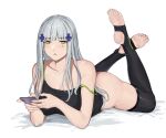 1girl ass bare_shoulders barefoot black_shirt black_thighhighs blue_hair breasts cellphone collarbone crossed_legs feet_up full_body girls&#039;_frontline green_eyes hair_ornament hairclip highres hk416_(girls&#039;_frontline) holding holding_phone legs_up light_blue_hair long_hair looking_at_viewer lying medium_breasts on_stomach open_mouth phone seilindekos shirt sidelocks smartphone soles solo teardrop_facial_mark teardrop_tattoo thighhighs thighs toes white_background 