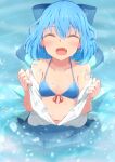  1girl :d ^_^ bare_shoulders bikini blue_bikini blue_bow blue_hair blue_skirt blush bow breasts cirno cleavage closed_eyes fairy fang hair_between_eyes hair_bow hands_up happy highres ice ice_wings light_blue_hair medium_hair mizune_(winter) navel open_clothes open_shirt red_ribbon ribbon shirt skirt small_breasts smile solo swimsuit touhou undressing water white_shirt wings 