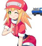  1girl belt blonde_hair cabbie_hat closed_mouth cropped_jacket gloves green_eyes hat long_hair looking_at_viewer mega_man_(series) mega_man_legends motor_vehicle one_eye_closed red_shorts roll_caskett_(mega_man) sansai_(age3joe) short_sleeves shorts simple_background smile solo truck 