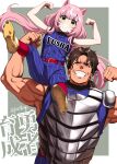 1boy 1girl arms_up bare_arms bare_shoulders belmond_banderas blue_pants blue_shirt brown_eyes brown_hair clenched_hands commentary_request flexing grey_background grin half-closed_eyes highres long_hair low_twintails multicolored_hair muscular muscular_male nijisanji nijisanji_kr pants parted_bangs pettan_p pink_hair red_socks shirt shoe_soles shoes smile socks streaked_hair striped striped_pants striped_shirt thick_eyebrows twintails twitter_username two-tone_background v-shaped_eyebrows vertical-striped_pants vertical-striped_shirt vertical_stripes very_long_hair virtual_youtuber white_background white_hair yang_nari yellow_footwear 