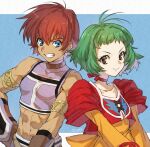  1boy 1girl blue_eyes brown_eyes choker closed_mouth dress farah_oersted gloves green_hair highres looking_at_viewer nanpou_(nanpou0021) navel red_choker red_hair reid_hershel short_hair simple_background smile tales_of_(series) tales_of_eternia very_short_hair 