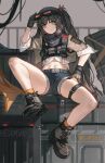  1girl absurdres ankle_boots bare_legs black_gloves black_hair black_shorts boots box brown_footwear brown_jacket closed_mouth commission countryman_(artist) full_body girls&#039;_frontline gloves goggles goggles_on_head highres jacket long_hair mayling_shen_(girls&#039;_frontline_2) midriff navel one_side_up open_clothes open_jacket orange_socks shirt short_shorts short_sleeves shorts sitting smile socks solo thigh_strap very_long_hair white_shirt 