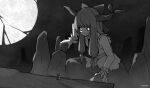  2girls bangs bow broken_moon chiroru_(cheese-roll) dated english_text full_moon giant giantess gohei greyscale hair_bow hakurei_reimu highres horn_ornament horn_ribbon horns ibuki_suika long_hair looking_at_another monochrome moon multiple_girls outdoors ribbon rock shirt sidelocks skirt standing torn_clothes torn_sleeves touhou wrist_cuffs 