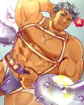  1boy abs bara bare_pectorals beard beard_stubble bulge covered_penis dagon_(housamo) dark-skinned_male dark_skin dutch_angle facial_hair fins fish_boy framed_crotch framed_pectorals highres large_pectorals long_sideburns looking_at_viewer male_focus male_swimwear mature_male muscular muscular_male mustache_stubble nanaisan_(713) navel official_alternate_costume pectorals purple_male_swimwear sanpaku seductive_smile short_hair sideburns smile solo stomach strongman_waist stubble swim_briefs tentacles thick_eyebrows thick_thighs thighs tokyo_afterschool_summoners 