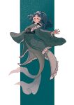  1girl blue_hair closed_eyes commentary drill_hair drill_sidelocks fins frilled_kimono frills full_body green_kimono head_fins highres japanese_clothes kimono long_sleeves mermaid monster_girl open_mouth sash short_hair sidelocks solo touhou umebitan wakasagihime wide_sleeves 