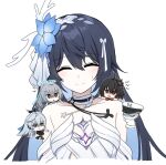  1boy 4girls ahoge bare_shoulders breasts bronya_zaychik bronya_zaychik_(herrscher_of_truth) captain_(honkai_impact) chest_tattoo chibi closed_eyes closed_mouth collarbone drill_hair flower grey_hair hair_between_eyes hair_flower hair_ornament halo high_ponytail honkai_(series) honkai_impact_3rd korean_commentary lix_(iroiro3843) multiple_girls on_shoulder open_mouth ponytail project_bunny seele_(alter_ego) seele_vollerei seele_vollerei_(herrscher_of_rebirth) seele_vollerei_(stygian_nymph) simple_background single_drill small_breasts sweatdrop tattoo upper_body v-shaped_eyebrows white_background white_headwear 